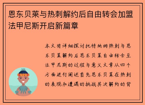恩东贝莱与热刺解约后自由转会加盟法甲尼斯开启新篇章 恩东贝莱与热刺解约后自由转会加盟法甲尼斯开启新篇章