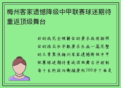 梅州客家遗憾降级中甲联赛球迷期待重返顶级舞台